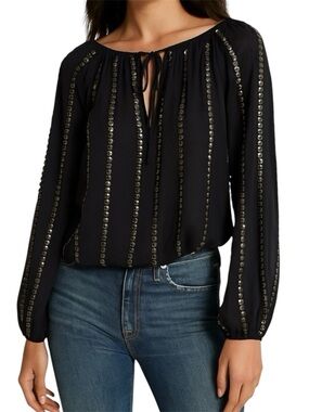 L’AGENCE 100% silk sequin blouse black size 4 semi sheer flowy neck tie